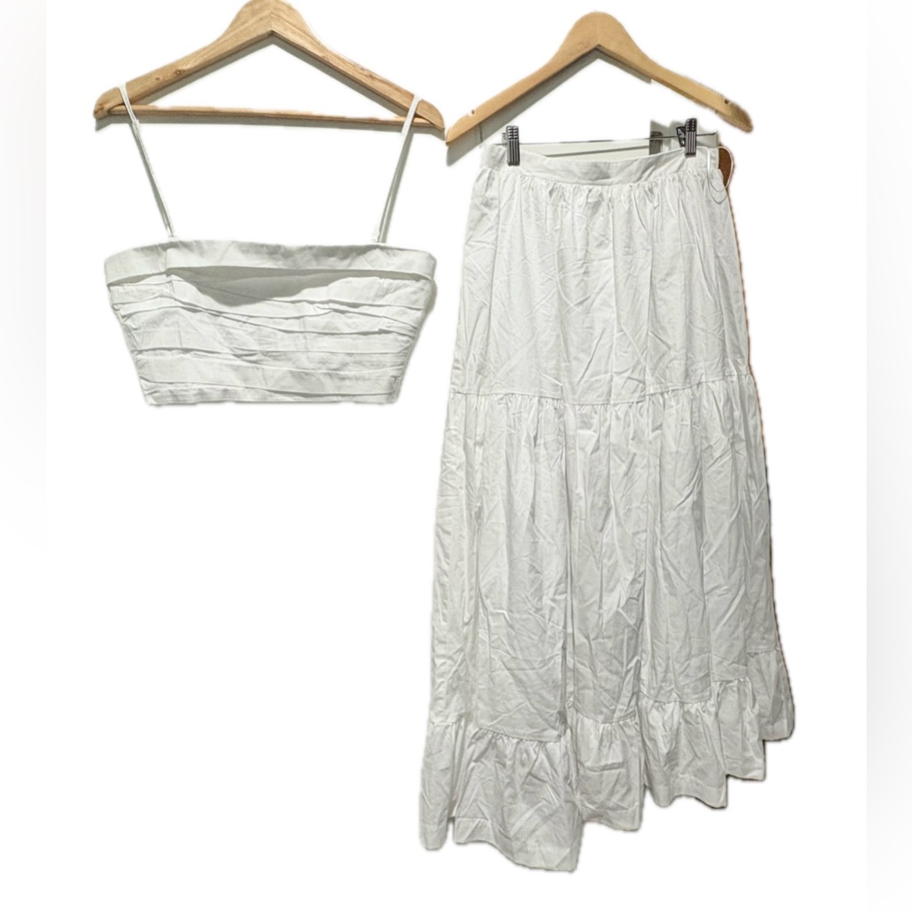 O.P.T. 2 Pc White Tiered Poplin Maxi Skirt & Cropped Convertible Smocked Top V